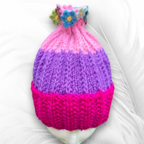 Colorful Knit Beanie with Flowers - Picture 2 of 6
